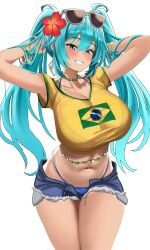 1girl adjusting_hair aqua_eyes aqua_hair armpit_peek arms_up bangle belly_chain bikini bikini_tan bikini_under_clothes bikini_under_shorts blue_bikini blush bracelet brazilian_flag brazilian_flag_print brazilian_miku breasts cleavage commentary cropped_shirt cutoffs denim denim_shorts desspie earrings exposed_pocket eyewear_on_head flag_print flower grey-framed_eyewear hair_between_eyes hair_flower hair_ornament hatsune_miku highleg highleg_bikini highres jewelry large_breasts long_hair looking_at_viewer micro_shorts navel navel_piercing necklace open_fly piercing shirt short_sleeves shorts smile solo stomach sunglasses swimsuit t-shirt tan tanline teeth thighs twintails vocaloid yellow_shirt