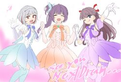 3girls :d ;) ;q ^_^ armpits aurora_flower_(love_live!) bare_shoulders blue_ribbon blue_shirt blue_skirt blue_thighhighs blush breasts brown_hair closed_eyes collarbone commentary cross-laced_clothes cross-laced_top diagonal_bangs elbow_gloves english_text ereka fujishima_megumi gloves gradient_hair grey_hair hair_bun hairband highres large_breasts link!_like!_love_live! love_live! multicolored_hair multiple_girls neck_ribbon official_alternate_costume one_eye_closed open_mouth orange_ribbon orange_shirt orange_skirt orange_thighhighs otomune_kozue over-kneehighs pink_background pleated_skirt puffy_short_sleeves puffy_sleeves purple_eyes purple_hair purple_ribbon purple_shirt purple_skirt purple_thighhighs red_eyes red_hair ribbon shirt short_hair short_sleeves side_ponytail sidelocks single_side_bun skirt smile streaked_hair thighhighs tongue tongue_out two_side_up virtual_graduation_commemoration virtual_youtuber waving white_gloves white_hairband yugiri_tsuzuri