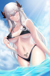 1girl :q absurdres bare_shoulders bikini black_bikini breasts clero_(viprimo) cloud collarbone grey_hair hair_between_eyes halterneck highres horns indie_virtual_youtuber large_breasts long_hair navel pink_eyes pointy_ears pubic_tattoo sky solo stomach swimsuit tattoo tongue tongue_out vei_(vtuber) virtual_youtuber wading water wet
