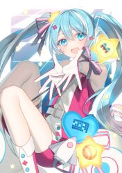 1girl absurdres belt blue_eyes blue_hair bow commentary dress gloves hair_ornament hatsune_miku highres magical_mirai_(vocaloid) magical_mirai_miku magical_mirai_miku_(2022) multicolored_bow multicolored_hair rocket sleeveless sleeveless_dress solo star_(symbol) star_hair_ornament streaked_hair twintails two-tone_gloves vocaloid wand white_gloves yachishi_orca