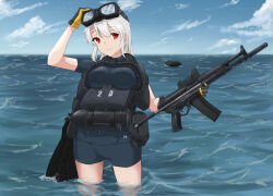adjusting_eyewear ammunition_pouch assault_rifle astraglgunner black_gloves blue_bodysuit boat bodysuit diving diving_mask diving_mask_on_head diving_regulator diving_suit flippers frogman gloves goggles goggles_on_head grey_hair gun highres holding holding_gun holding_weapon in_water inflatable_boat magazine_(weapon) military original oxygen_tank pouch rebreather red_eyes rifle scope scuba scuba_gear scuba_tank smile two-tone_gloves watercraft weapon wetsuit yellow_gloves