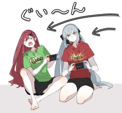 2girls baobhan_sith_(fate) barefoot black_skirt blush breasts buster_shirt euhage73 fate/grand_order fate_(series) grey_eyes hair_ribbon highres looking_at_viewer morgan_le_fay_(fate) mother_and_daughter multiple_girls nintendo_switch open_mouth pointy_ears quick_shirt ribbon sidelocks sitting skirt white_background