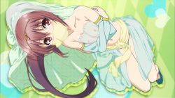 Rule 34 | 10s, 1girl, arabian clothes, bare shoulders, brown eyes, brown hair, detached sleeves, female focus, hair ornament, hairdressing, harem outfit, jinsei, long hair, midriff, mouth veil, navel, nipples, ponytail, see-through clothes, shitaya tomoyuki, smile, solo, suzuki ikumi (jinsei), veil