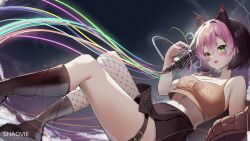 1girl animal_ears black_boots black_hair black_skirt blush boots commentary crop_top derivative_work english_commentary green_eyes highres holding holding_microphone jacket looking_at_viewer microphone midriff multicolored_hair open_clothes open_jacket osu! pink_hair pippi_(osu!) pleated_skirt shaoviie short_hair single_fishnet_legwear skirt solo thigh_strap two-tone_hair