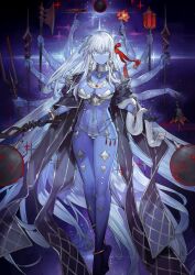 1girl absurdly_long_hair anklet armor arms_up axe bikini_armor blue_eyes blue_skin blue_theme bracelet breasts closed_mouth colored_extremities colored_eyelashes colored_skin crossed_ankles earrings expressionless extra_arms fate/grand_order fate_(series) flower full_body game_cg gold_bracelet gold_ring gradient_skin hair_ribbon hands_up holding holding_axe holding_flower holding_polearm holding_weapon indian_clothes jewelry kali_(fate) large_breasts long_hair multiple_bracelets navel official_art polearm purple_sash red_ribbon revealing_clothes ribbon sash silver_armor silver_choker silver_necklace snake snake_wrapped_around_arm solo starshadowmagician third-party_source third_eye thumb_ring underbust variant_set very_long_hair weapon white_eyelashes white_hair white_snake