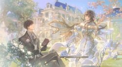 1boy 1girl alcohol ascot bare_shoulders bishounen black_ascot black_eyes black_hair black_jacket black_pants black_suit blazer book bracelet breast_pocket brooch brown_eyes brown_hair bush buttons cangchen cape cherry_blossoms chinese_commentary collared_jacket collared_shirt commentary_request crossed_legs cup day detached_sleeves dress dress_pants drinking_glass eyelashes falling_petals feet_out_of_frame floating_clothes floating_hair flower flower_brooch food formal_clothes fruit garden gold_bracelet grapes grass grey_shirt halo halo_behind_head highres holding holding_book holding_flower jacket jewelry lamb lapels layered_sleeves light_particles long_hair long_sleeves looking_at_another mansion necklace notched_lapels off-shoulder_dress off_shoulder offering_hand offering_hand_to_another on_chair open_book open_clothes open_jacket original outdoors outstretched_hand pants parted_bangs pavilion petals pink_flower pink_rose pocket puffy_short_sleeves puffy_sleeves reading rose sample_watermark sheep shirt short_hair short_sleeves sitting spiked_halo spring_(season) suit table tree tulip very_long_hair watermark wavy_hair white_cape white_dress white_sleeves wide_sleeves wine wine_glass yellow_halo
