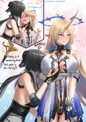 ... 2girls absurdres antenna_hair arm_under_breasts bare_shoulders black_bow black_collar black_gloves black_hair blonde_hair blue_eyes blue_hair blush bow breasts cartethyia_(wuthering_waves) closed_mouth collar colored_inner_hair commentary crown_of_thorns cruzvu earrings elbow_pads embarrassed english_commentary english_text female_rover_(wuthering_waves) fleurdelys_(wuthering_waves) glint gloves gluteal_fold hair_bow highres holding_own_arm horns huge_breasts jewelry kiss kissing_forehead large_breasts long_hair low_ponytail multicolored_hair multiple_girls necklace open_mouth out_of_frame paid_reward_available partially_fingerless_gloves phoebe_(wuthering_waves) pointy_ears ponytail rover_(wuthering_waves) sidelocks single_horn small_breasts staff tabard tacet_mark_(wuthering_waves) transformation trembling very_long_hair white_tabard wuthering_waves yellow_horns yuri