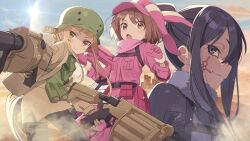 3girls animal_ears black_hair blonde_hair blush bodysuit brown_eyes brown_hair city explosive eyecatch fake_animal_ears fukaziroh_(sao) gloves grenade grenade_launcher gun hat hechima_(issindotai) holding holding_weapon holster jacket llenn_(sao) magazine_(weapon) medium_hair milkor_mgl multiple_girls official_art open_mouth p-chan_(p90) petite pink_jacket pitohui_(sao) ponytail short_hair smile submachine_gun sword_art_online sword_art_online_alternative:_gun_gale_online tattoo weapon