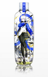 1girl :d absurdres animal_ears arknights black_pants black_shoes black_socks blue_jacket bottle box breasts collar commentary_request dagger full_body grin highres holding holding_dagger holding_knife holding_weapon in_bottle in_container infection_monitor_(arknights) jacket knife kunai lantern leg_up long_hair long_sleeves looking_at_viewer medium_breasts open_clothes open_jacket open_mouth pants parted_lips pink_eyes pouch rabbit_ears shirt shoes simple_background smile socks solo standing standing_on_one_leg surfer_(arknights) very_long_hair weapon white_background white_hair white_shirt yuuki_mix