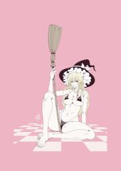 1girl barefoot bikini blonde_hair braid breasts broom commentary_request full_body hat highres kirisame_marisa large_breasts long_hair micro_bikini navel sitting smile solo swimsuit touhou witch_hat yamada_satoshi