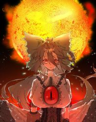 Rule 34 | 1girl, arm cannon, bird wings, black background, black hair, black wings, bow, center frills, corset, facing viewer, frilled shirt collar, frilled sleeves, frills, green bow, hair between eyes, hair bow, highres, long hair, looking at viewer, oku (ewfy25), red eyes, reiuji utsuho, shirt, short sleeves, signature, solo, sun, third eye, third eye on chest, touhou, upper body, weapon, white shirt, wings