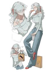 Rule 34 | 1girl, absurdres, alternate costume, bag, bare shoulders, blue pants, breasts, closed eyes, cup, donut, eighth note, food, full body, grey sweater, grin, hair over one eye, highres, holding, holding bag, holding cup, holding food, large breasts, long hair, musical note, off-shoulder sweater, off shoulder, pants, ponytail, purple eyes, red shoes, reverse:1999, shoes, shopping bag, smile, standing, standing on one leg, sweater, szztzzs, upper body, wavy hair, white background, white hair, windsong (reverse:1999)