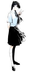 1girl black_footwear black_hair black_ribbon black_shirt black_skirt blunt_bangs breasts closed_mouth ear_piercing earclip expressionless goshiki_suzu highres light_blush original piercing ribbon school_uniform shirt shirt_tucked_in simple_background skirt small_breasts socks solo v white_background white_socks
