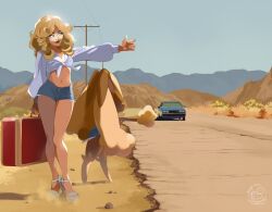 1girl 1other blonde_hair brown_fur car crop_top cutoffs denim denim_shorts gen_4_pokemon highres hitchhiking long_sleeves lopunny midriff motor_vehicle navel nintendo outdoors platform_heels pokemon puffy_sleeves sabrina_carpenter shirt shorts smile startboii suitcase tied_shirt yellow_fur