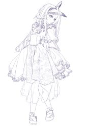 1girl absurdres alternate_costume animal_ears animal_print arknights blush braid braided_bangs butterfly_print collared_dress commentary dress english_commentary frilled_dress frills full_body hairband heavyrain_(arknights) highres long_hair long_sidelocks long_sleeves looking_to_the_side monochrome neck_ribbon ribbon ricinus shoes sidelocks simple_background solo wide_sleeves zebra_ears