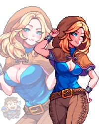 1boy 1girl aseprite_(medium) belt blonde_hair blue_eyes breasts character_request cleavage commentary english_commentary hand_on_own_hip highres hood large_breasts league_of_legends lux_(league_of_legends) multiple_views one_eye_closed parted_lips pixel_art simple_background spellthief_lux sweatdrop white_background yumykon