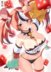 1girl animal_ear_fluff animal_ears arm_up asymmetrical_sleeves bare_shoulders black_hair black_panties blue_eyes blush bow breasts cheese cleavage closed_mouth collar cowboy_shot cropped_shirt detached_sleeves dice dice_hair_ornament food from_above gloves hair_between_eyes hair_ornament hakos_baelz hakos_baelz_(1st_costume) highres hololive hololive_english jewelry key key_necklace large_breasts licking_lips long_hair looking_at_viewer mismatched_sleeves mouse_ears mouse_girl mouse_tail mr.canaryy multicolored_hair navel necklace panties pointing red_hair single_glove solo spiked_collar spikes strapless streaked_hair tail tail_bow tail_ornament thigh_strap tongue tongue_out tube_top twintails underwear virtual_youtuber white_hair