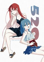 2girls absurdres alternate_costume bare_shoulders black_dress blue_eyes blue_hair blue_skirt blush book brown_sandals closed_mouth collarbone cx6lc0 dress english_text fang hand_on_own_face highres holding holding_book long_hair looking_at_another looking_at_viewer looking_to_the_side looking_up mahou_shoujo_madoka_magica midriff miki_sayaka multiple_girls open_mouth red_eyes red_hair sakura_kyoko sandals shirt simple_background sitting skirt sleeveless sleeveless_dress smile teeth tongue upper_teeth_only white_background white_shirt