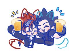 105zz alcohol animal_ears armor beer belt black_belt black_gloves black_hair black_suit black_sweater chibi chibi_only chinese_commentary closed_eyes collared_shirt commentary_request dog_ears dog_tail drawn_ears drink earrings facial_mark final_fantasy final_fantasy_vii final_fantasy_vii_remake fingerless_gloves formal_clothes fox_ears fox_tail gloves goggles goggles_on_head hand_on_another&#039;s_back happy holding holding_drink jewelry kemonomimi_mode long_hair long_sleeves open_mouth pauldrons ponytail red_hair reno_(ff7) scar scar_on_face shirt shoulder_armor simple_background sleeveless sleeveless_sweater smile spiked_hair stud_earrings suit suspenders sweater tail turtleneck turtleneck_sweater white_background white_shirt zack_fair