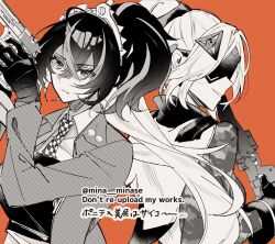 Rule 34 | 2girls, back-to-back, blindfold, camouflage, checkered necktie, covered eyes, eye mask, gloves, greyscale with colored background, gun, holding, holding gun, holding weapon, jacket, metal hairband, mina minase, multicolored hair, multiple girls, necktie, orange background, police, police uniform, policewoman, ponytail, rifle, sniper rifle, streaked hair, trigger (zenless zone zero), upper body, weapon, zenless zone zero, zhu yuan