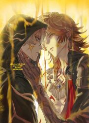 Rule 34 | 2boys, absurdres, arm tattoo, bare pectorals, black cloak, black coat, blonde hair, blue eyes, braid, chest tattoo, cloak, coat, cracked skin, facial tattoo, flame reaver of the deepest dark, gradient hair, hair between eyes, hashtag-only commentary, highres, honkai: star rail, honkai (series), hood, hood up, hooded cloak, male focus, medium hair, multicolored hair, multiple boys, mydei (honkai: star rail), open clothes, open coat, pectorals, phainon (honkai: star rail), red hair, red tattoo, short hair, side braid, tattoo, toned, toned male, white hair, xiixiix31075929, yaoi, yellow blood, yellow eyes