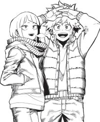 1boy 1girl bad_link belt boku_no_hero_academia breath freckles hand_in_pocket highres hood hoodie horikoshi_kouhei jacket jiro_kyoka looking_at_viewer midoriya_izuku monochrome open_clothes open_jacket ribbed_vest scar scarf short_hair simple_background smile third-party_edit vest white_background winter_clothes