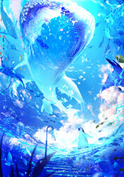 absurdres animal animal_focus bird blue_flower blue_sky blue_theme bubble building caustics cloud commentary_request coral coral_reef day fish flower flying_fish flying_whale highres lamppost makoron117117 manta_ray no_humans ocean original partially_underwater_shot penguin pink_flower scenery school_of_fish sea_turtle signature sky stairs summer turtle water whale whale_shark window