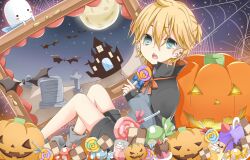 1boy :o bat_(animal) black_cloak black_shorts blonde_hair blue_eyes blush cake candy castle checkerboard_cookie cloak commentary_request cookie cream cup earrings food fruit ghost grey_footwear grey_shirt halloween halloween_costume jack-o&#039;-lantern jewelry kagamine_len lollipop long_sleeves looking_at_viewer male_focus moon night night_sky open_mouth orange_ribbon picture_frame pointy_ears pumpkin ribbon sharp_teeth shirt short_hair shorts silk sky solo spider_web star_(sky) strawberry sweets swirl_lollipop teeth tombstone vampire_costume vocaloid wrapped_candy yasuko_ame