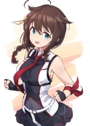 Rule 34 | 1girl, ahoge, asymmetrical gloves, black gloves, black hair, black shirt, black skirt, blue eyes, braid, breasts, cowboy shot, fingerless gloves, gloves, hair flaps, hair over shoulder, highres, kantai collection, long hair, looking at viewer, medium breasts, minosu, necktie, pleated skirt, red necktie, shigure (kancolle), shigure kai san (kancolle), shirt, single braid, skirt, sleeveless, sleeveless shirt, solo, two-tone shirt