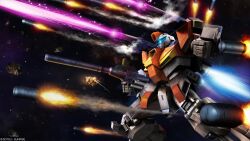 absurdres asteroid beam_cannon beam_rifle blue_visor cable copyright_logo energy_gun explosion firing gundam gundam_battle_operation_2 gundam_msv gundam_zz highres lens_flare machinery mecha mecha_focus missile missile_pod mobile_suit nebula no_humans official_art painting_(medium) realistic robot scan science_fiction space star_(sky) sunrise_(company) tenjin_hidetaka traditional_media weapon zero_gravity zz_gundam_mp_type