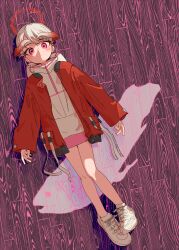 1girl absurdres blush closed_mouth halftone halo highres hood hood_down hoodie jacket jacket_over_hoodie legs_together lying nuwara_eliya on_back on_floor open_clothes open_jacket original pink_eyes pink_skirt pink_theme red_halo red_jacket red_theme short_hair skirt solo white_hair white_sneakers wooden_floor