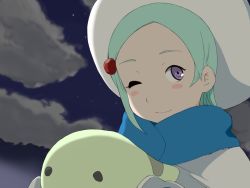 00s aqua_hair cloud eureka_(eureka_seven) eureka_seven eureka_seven:_pocket_ga_niji_de_ippai eureka_seven_(series) gloves hat nirvash one_eye_closed purple_eyes ta_(tama20150125) wink