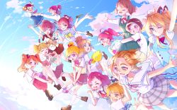 6+girls :d :o ;d @_@ ^_^ aida_mana aino_megumi arm_grab asahina_mirai blouse blue_sky blush blush_stickers bob_cut broom broom_riding closed_eyes closed_mouth cloud cloudy_sky color_connection commentary_request contrail day diagonal_bangs dokidoki!_precure dress floating floating_hair flying food-themed_hair_ornament fresh_precure! frown futari_wa_precure futari_wa_precure_splash_star go!_princess_precure hair_ornament hanadera_nodoka hanasaki_tsubomi happinesscharge_precure! haruno_haruka healin&#039;_good_precure heart heart_hands heartcatch_precure! high_collar highres holding_hands hoshina_hikaru hoshizora_miyuki houjou_hibiki hug hugtto!_precure hyuuga_saki interlocked_fingers kirakira_precure_a_la_mode knees_up looking_at_another looking_at_viewer looking_away looking_to_the_side mahou_girls_precure! misumi_nagisa momozono_love multiple_girls nono_hana one_eye_closed open_mouth pinafore_dress plaid_clothes plaid_skirt ponytail precure precure_all_stars saki_(maichocho) scared school_uniform serafuku shirt skirt sky sleeveless sleeveless_dress smile smile_precure! socks star_twinkle_precure suite_precure sunlight surprised swept_bangs trait_connection usami_ichika waist_hug white_shirt yes!_precure_5 yumehara_nozomi