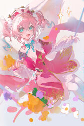 1girl :d absurdres aqua_eyes beret blue_bow blue_bowtie blue_hair bow bowtie chinese_commentary chromatic_aberration commentary_request dress feet_out_of_frame gold_trim gradient_background gradient_hair grey_background hair_between_eyes hand_up hat highres holding honkai:_star_rail honkai_(series) hyacine_(honkai:_star_rail) layered_dress long_sleeves looking_at_viewer multicolored_hair open_mouth pantyhose pink_dress pink_hair red_hat short_twintails sitting smile solo sparkle sparkling_eyes twintails white_dress white_pantyhose winged_hat yutou_(yutou75)
