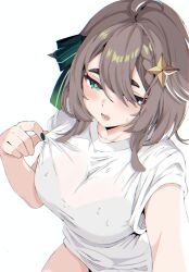 1girl absurdres ahoge black_nails blush bow bra_visible_through_clothes braid brown_eyes brown_hair collar_tug commentary_request cross-shaped_pupils green_bow green_eyes hair_between_eyes hair_bow hair_flaps hair_ornament half-closed_eyes heterochromia highres indie_virtual_youtuber medium_hair meica_(vtuber) mismatched_pupils open_mouth selfie shirt simple_background single_braid spanish_commentary sprout-shaped_pupils star_(symbol) star_hair_ornament sweat symbol-shaped_pupils tzeencth_(artist) virtual_youtuber white_background white_shirt