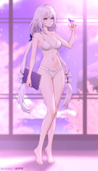 1girl artist_name barefoot blurry blurry_background book bra breasts bug butterfly butterfly_on_hand castorice_(honkai:_star_rail) closed_mouth commentary feet full_body hand_up hashtag-only_commentary highres holding holding_book honkai:_star_rail honkai_(series) indoors insect large_breasts long_hair long_sleeves nail_polish paid_reward_available panties pointy_ears purple_butterfly purple_eyes purple_hair purple_nails purple_pupils sidelocks smile solo standing toenail_polish toenails toes underwear underwear_only very_long_hair white_bra white_panties yunkaiming