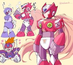 Rule 34 | 3boys, ?, android, armor, axl (mega man), black armor, blonde hair, blue armor, blue helmet, brown hair, chest jewel, commentary request, cowboy shot, cross scar, forehead jewel, helmet, highres, long hair, male focus, mega man (series), mega man x (series), meshiuma0x, multiple boys, multiple views, red armor, red helmet, scar, scar on face, simple background, solo focus, speech bubble, spiked hair, spoken question mark, translation request, yellow background, zero (mega man)