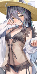 1girl absurdres alternate_costume animal_ears bikini black_bikini black_hair black_shirt blush bow covered_navel hair_between_eyes hat hat_bow highres horse_ears horse_girl long_bangs long_hair looking_at_viewer manhattan_cafe_(umamusume) open_clothes open_shirt see-through_clothes see-through_shirt shirt sidelocks solo swimsuit umamusume vami white_bow white_shirt yellow_eyes yellow_hat