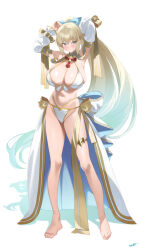 1girl absurdres armpits arms_up barefoot bikini blonde_hair blue_eyes blush breasts closed_mouth commentary detached_sleeves fate/grand_order fate_(series) full_body highres kurozawa_yui large_breasts long_hair long_sleeves morgan_le_fay_(fate) morgan_le_fay_(water_princess)_(fate) navel ponytail simple_background smile solo standing stomach swimsuit thighs toes very_long_hair white_background white_bikini