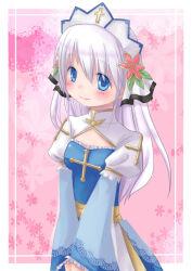 1girl arch_bishop_(ragnarok_online) blue_dress blue_eyes blush breasts cleavage cleavage_cutout closed_mouth clothing_cutout commentary_request cowboy_shot cross dress flower grey_hair hair_flower hair_ornament headdress juliet_sleeves long_hair long_sleeves looking_at_viewer medium_breasts pink_background pink_flower puffy_sleeves ragnarok_online sash smile solo two-tone_dress white_dress yellow_sash yoru_nagatsuki