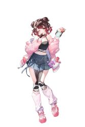1girl artist_request bare_shoulders black_camisole black_choker blue_skirt brown_hair camisole choker commentary_request crop_top double_bun food full_body gradient_hair hair_bun hair_ornament hairband halterneck heart heart_hair_ornament highres holding holding_food holding_ice_cream holding_own_hair hololive ice_cream jacket leg_warmers light_blush looking_at_viewer medium_hair midriff multicolored_hair navel off_shoulder official_alternate_costume official_art one_eye_closed pink_hairband pink_jacket pink_shoes pleated_skirt red_hair roboco-san second-party_source shoes simple_background skirt smile sneakers solo standing standing_on_one_leg star_(symbol) star_hair_ornament straight-on thigh_gap two-sided_fabric virtual_youtuber white_background