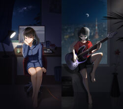 2girls 5-string_bass_guitar absurdres amplifier audio_interface bang_dream! bang_dream!_it&#039;s_mygo!!!!! bass_guitar bkk_(senmude) black_hair black_shorts blue_shirt blue_shorts brown_hair cable chair closed_mouth commentary crescent_moon green_eyes head_rest headphones headphones_around_neck highres indoors instrument jelly_drink keyboard_(instrument) long_hair medium_hair mole mole_under_eye monitor moon multiple_girls night pajamas plant potted_plant purple_eyes red_shirt reflection shiina_taki shirt shorts sitting speaker symbol-only_commentary tokyo_tower window yahata_umiri