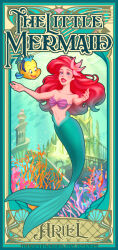 1girl absurdres ariel_(disney) art_nouveau bikini blue_eyes border castle character_name coral disney disney_princess fish flounder_(the_little_mermaid) highres lipstick makeup mermaid monster_girl ocean ponsu_(ponzuxponzu) red_hair red_lips reflection reflective_water shell shell_bikini swimming swimsuit the_little_mermaid_(disney) underwater