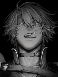 1boy absurdres armor belt black_background bleeding blood choker collarbone grey_hair greyscale hair_between_eyes half-closed_eyes highres honkai:_star_rail honkai_(series) ieririr injury licking_blood looking_at_viewer male_focus monochrome parted_bangs pauldrons phainon_(honkai:_star_rail) short_hair shoulder_armor simple_background single_pauldron solo teeth tongue tongue_out upper_body