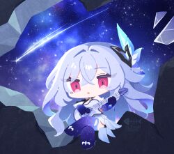 Rule 34 | 1girl, bare shoulders, chibi, crossed legs, dress, genshin impact, grey hair, guitar, hair ornament, highres, holding, holding guitar, holding instrument, instrument, long hair, rasarasu, red eyes, sitting, skirk (genshin impact), solo