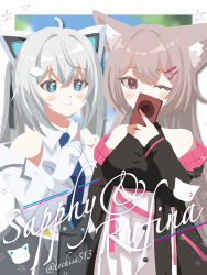 2girls :3 absurdres ahoge animal_ear_fluff animal_ears artist_name bare_shoulders black_jacket black_shirt black_skirt blue_eyes blue_necktie blush blush_stickers border breasts brown_hair cat_ears cat_girl cat_hair_ornament cellphone closed_mouth collared_shirt covered_mouth covering_own_mouth cowboy_shot dress fox_ears genderswap genderswap_(ftm) gloves grey_hair hair_between_eyes hair_intakes hair_ornament hairclip halter_shirt halterneck hand_up headphones high-waist_skirt highres holding holding_phone index_finger_raised jacket long_hair long_sleeves looking_at_viewer medium_breasts multicolored_jacket multiple_girls necktie off_shoulder one_eye_closed open_clothes open_jacket outside_border phone pink_eyes purple_eyes raised_eyebrows red_eyes rufina_(vrchat) sapphy_(vrchat) shirt sidelocks skirt sleeveless sleeveless_shirt smartphone smile star_(symbol) star_in_eye symbol_in_eye tochisa_(tochisa513) triangle_hair_ornament twintails twitter_username two-sided_fabric two-sided_jacket upper_body very_long_hair vrchat white_border white_dress white_gloves white_hair white_jacket white_shirt white_skirt