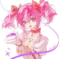 1girl absurdres antry_tange blush cake dress food gloves hair_between_eyes hair_ribbon highres holding holding_plate kaname_madoka kaname_madoka_(magical_girl) looking_at_viewer mahou_shoujo_madoka_magica mahou_shoujo_madoka_magica_(anime) open_mouth pink_eyes pink_hair plate red_ribbon ribbon short_sleeves short_twintails sidelocks solo twintails white_dress white_gloves