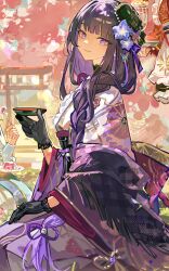 Rule 34 | 2others, 3girls, abstract background, alternate costume, architecture, ayaka (genshin impact), back bow, black gloves, blue kimono, blue pupils, blunt bangs, blurry, blurry background, bow, braid, cherry blossoms, closed mouth, cup, east asian architecture, from side, genshin impact, glint, gloves, gradient hair, hair ornament, hand on own thigh, hand up, hat, head tilt, highres, holding, holding cup, holding tray, japanese clothes, kimono, long braid, long hair, long sleeves, looking at viewer, looking to the side, low-tied long hair, mento, mole, mole under eye, multicolored eyes, multicolored hair, multiple girls, multiple others, neck ribbon, on grass, orange kimono, outdoors, purple eyes, purple hair, purple kimono, raiden shogun, red ribbon, ribbon, sash, seiza, single braid, sitting, solo focus, streaked hair, tray, tree, wide sleeves, yoimiya (genshin impact)