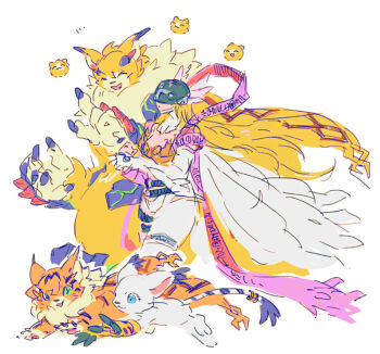 Rule 34 | 2girls, angel, angewomon, blonde hair, body fur, cat, digimon, digimon (creature), evolutionary line, feathers, full body, garmmy, long hair, meicoomon, meicrackmon, multiple girls, orange fur, tailmon, white feathers, white fur, white wings, wings
