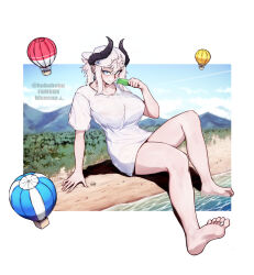 1girl aircraft bare_legs barefoot baseball_cap beach bluecup border breasts evie_(bluecup) feet giant giantess hat horns hot_air_balloon large_breasts original shirt soles thighs toes white_border white_hair white_shirt